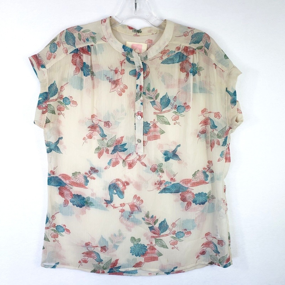 Quiksilver Womens XS Floral Print Top Short Sleeve Button Up Blouse Sheer Career